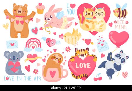 Animaux de la Saint-Valentin.Lapin Cupid, chats d'animaux de compagnie amour couple hug, tigre, koala et panda avec les coeurs.Happy Valentin adorable sticker vecteur ensemble Illustration de Vecteur