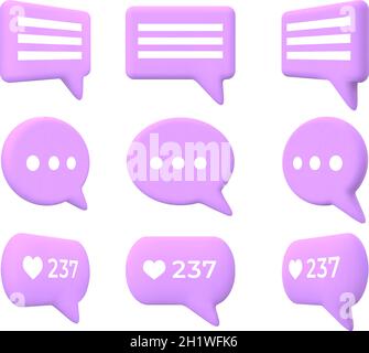 Discussion ou message bulle de discours animation de tour 3d.Icône de zone de commentaire de dessin animé avec J'aime compte pour les médias sociaux ou l'application Talk Messenger vecteur ensemble Illustration de Vecteur
