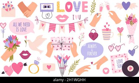 Dessins animés mode amour autocollants et patches pour la Saint-Valentin.Ballon de coeur, mains de couple, baisers de lèvre, colombe et lettre.Ensemble de vecteurs de journal Illustration de Vecteur