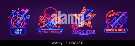 Panneaux lumineux au néon pour le festival de rock, le groupe ou le logo du club.Panneau lumineux pour la fête musicale rock n roll avec jeu de vecteurs punk crâne et guitares Illustration de Vecteur