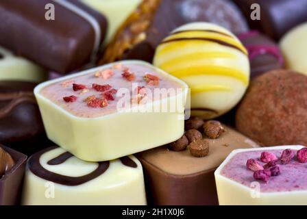 Gros plan plein format de chocolats de luxe continentaux ou belges assortis Banque D'Images