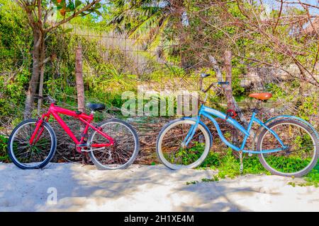 Vélos colorés garés vélos à la plage tropicale mexicaine 88 à Playa del Carmen Mexique. Banque D'Images
