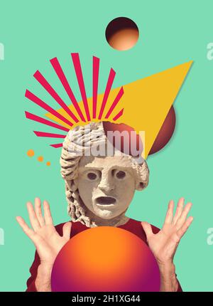 Collage numérique contemporain d'une tête de statue surprise dans un style pop art Banque D'Images