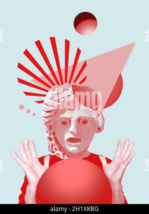 Collage numérique contemporain d'une tête de statue surprise dans un style pop art Banque D'Images