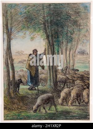 A Shepherdess et sa Flock à l'ombre des arbres, dessin pastel de Jean François Millet, 1854-1855 Banque D'Images