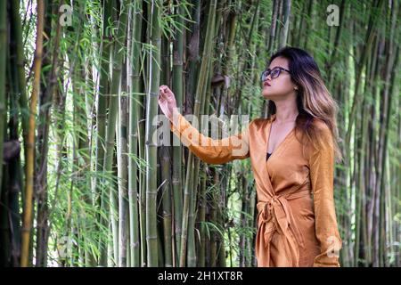 Belle femme javanaise marchant dans une forêt de bambou. Banque D'Images