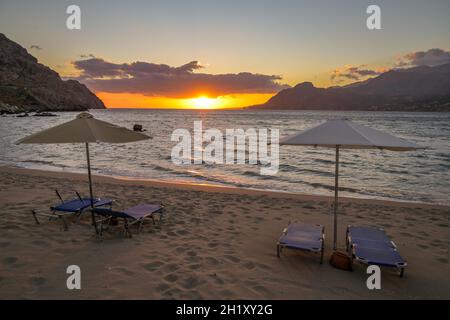 Sonnenuntergang, Sandstrand, Plakias, Südküste, Kreta,Griechenland Banque D'Images