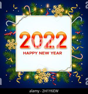 Le nouveau fond de l'année avec des chiffres 2022, des branches de pin réalistes, des flocons de neige en or scintillant et des scintillant.Affiche du nouvel an et de Noël, carte de vœux Illustration de Vecteur