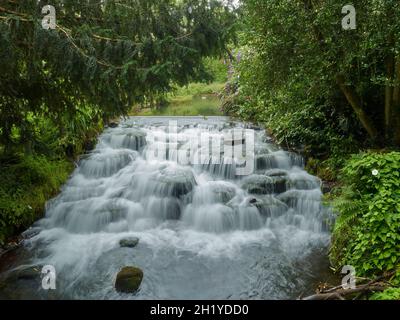 Une petite chute d'eau entourée d'arbres à plusieurs niveaux dans un parc de banlieue, prise à l'aide d'un obturateur lent pour capturer la susurration de l'eau qui tombe. Banque D'Images