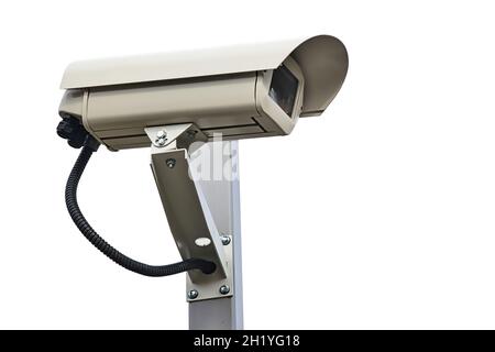 Il s'agit d'une caméra de surveillance extérieure isolée sur fond blanc.Système de sécurité et de protection du territoire ou des biens.Isoler. Banque D'Images