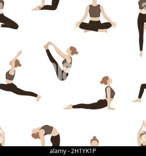 Jeunes femmes minces faisant des exercices de yoga.Motif vectoriel sans couture Illustration de Vecteur