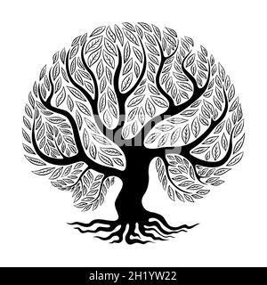 Toute la silhouette de l'arbre avec des branches, laisse des racines fourrantes.Forme de cercle isolée sur fond blanc.Illustration vectorielle. Illustration de Vecteur
