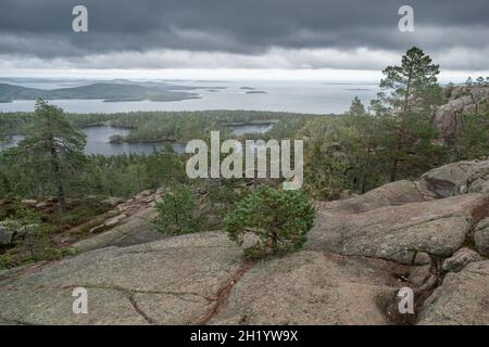 Vue sur la mer Baltique et le golfe de Bothnia depuis le sommet du rocher dans le parc national de Skuleskogen, Suède.Randonnée le long du sentier de la haute côte, Hoha Banque D'Images