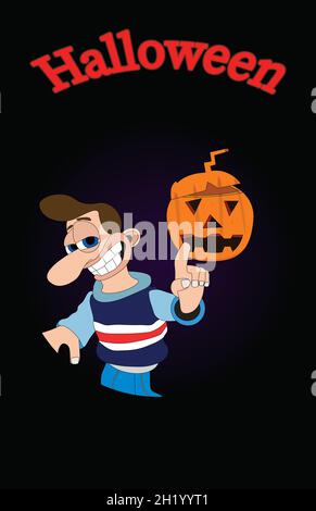 Homme de carte d'Halloween avec un sourire tricheur et un gros nez pointant vers une citrouille Illustration de Vecteur