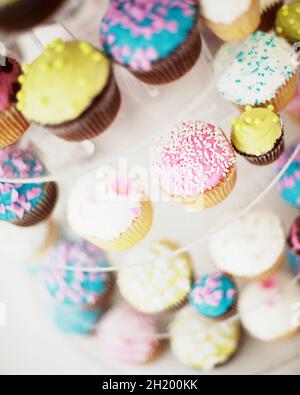 Cupcakes à la décoration colorée pour un mariage sur un présentoir à gâteaux à plusieurs niveaux Banque D'Images