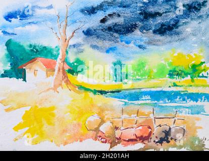 Peinture d'aquarelle de village indien brillant , illustration peinte à la main.Une maison de village, des arbres et un étang.Paysage rural. Banque D'Images