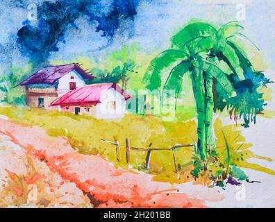 Peinture d'aquarelle de village indien brillant , illustration ..., حجم الصورة 396x320
