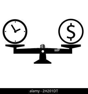 le temps, c'est l'argent sur les balances. balance, balance, balance, argent et affiche de temps. style plat. Banque D'Images