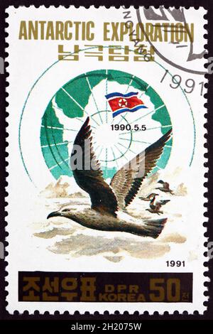 CORÉE DU NORD - VERS 1991 : un timbre imprimé en Corée du Nord montre des goélands à dos noir, exploration de l'Antarctique, vers 1991 Banque D'Images