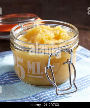 Sauce aux pommes et à l'orange avec raifort et vinaigre dans un pot à rabat Banque D'Images