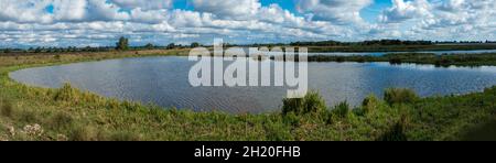 Vue panoramique sur fenland et la zone humide et la rivière Ouse près d'Ely dans Cambridgeshire East Anglia Angleterre avec bateau sur la rivière Banque D'Images