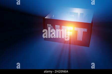 NFT abréviation de lampe flottante avec abat-jour et rayons de lumière sur bleu.Rendu 3D de symbole de jeton non fongible. Banque D'Images