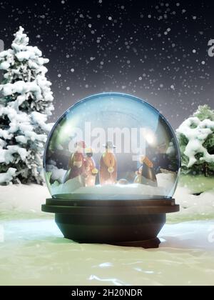 Rendu 3D de la boule de verre avec la scène native placée sur un sol recouvert de neige Banque D'Images
