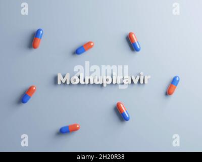 Poltava, Ukraine - 19 octobre 2021 comprimés de Molnupiravir, traitement du covid.Traitement du coronavirus, rendu 3d.Couche plate de capsules rouges et bleues Banque D'Images