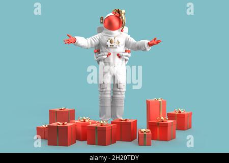 L'astronaute Santa Claus avec des cadeaux de Noël.Concept de Noël.Rendu 3D Banque D'Images