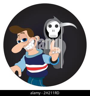 Homme avec un sourire gloueux et un gros nez pointant sur l'étiquette d'autocollant rond de couche Illustration de Vecteur