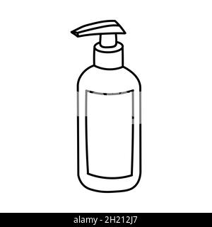 Bouteille cosmétique.Distributeur de savon noir simple Line.Icône représentant une ligne d'assainisseur dessinée à la main.Illustration vectorielle de style doodle isolée sur fond blanc Illustration de Vecteur