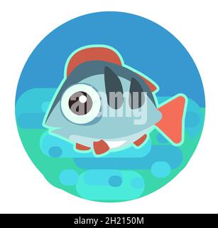 Poisson bleu tropical. Petit paysage. La vie sous-marine. Animaux sauvages. Océan, mer. Eau d'été. Isolé sur fond blanc. Illustration en dessin animé Illustration de Vecteur