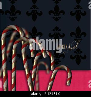 Texte Joyeux Noël en langue française Joyeux Noël, Cannes de bonbons, symbole fleur de lis sur noir rouge.Carte de vœux du nouvel an de Noël, rendu 3D Banque D'Images