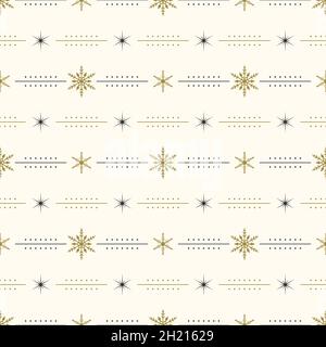 Motif sans couture avec flocons de neige dorés et noirs et étoiles sur fond.Décoration traditionnelle d'hiver festive pour le nouvel an, Noël, les vacances et le design.Ornement de ligne simple Illustration de Vecteur