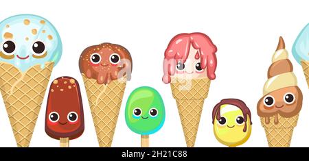 Diverses glaces.Personnages de dessin animé amusants.Illustration d'arrière-plan horizontal sans couture.Dans des tasses à gaufres et des cônes.Crémeux et chocolat.Popsicle activé Illustration de Vecteur