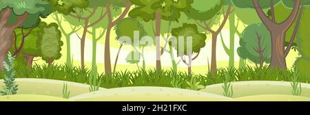 Paysage forestier d'été.Épaississement léger et brumeux.Feuillage dense.Vue sur les arbres verts.Style dessin animé plat.Collines pré au bord.Illustration de la nature Illustration de Vecteur