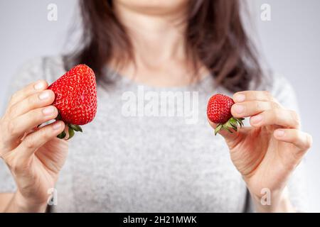 Une femme blanche tient une grosse et une petite fraise dans sa main.Image de concept pour les pratiques agricoles naturelles et les méthodes hybrides de sp. Induites par les hormones de croissance Banque D'Images