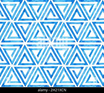 Motif géométrique aquarelle moderne avec triangles bleus.Motif sans couture.Arrière-plan abstrait.Papier peint aquarelle peint à la main Banque D'Images