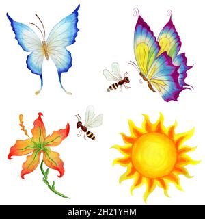 Jeu de caractères de dessin animé.Papillons, abeilles, fleurs et soleil.Isolé sur un fond blanc.Illustration aquarelle dessinée à la main pour enfants. Banque D'Images