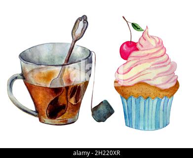 Cupcake à la crème rose et une tasse de thé.Isolé sur fond blanc Menu enfants, concept carte postale aquarelle Banque D'Images