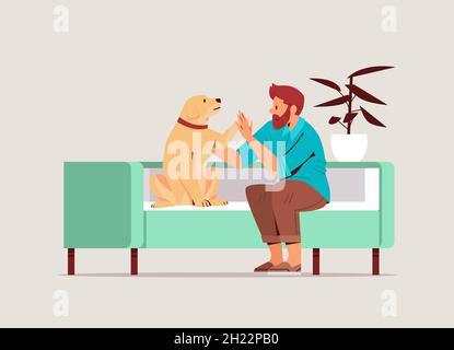 jeune homme passant du temps avec le maître de chien mâle et mignon animal domestique amitié avec le concept d'animal de compagnie Illustration de Vecteur