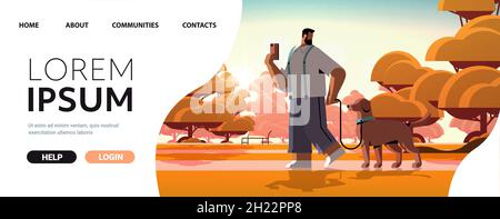 jeune homme marchant avec un chien dans un parc urbain propriétaire mâle et adorable animal domestique amitié avec le concept d'animal de compagnie Illustration de Vecteur