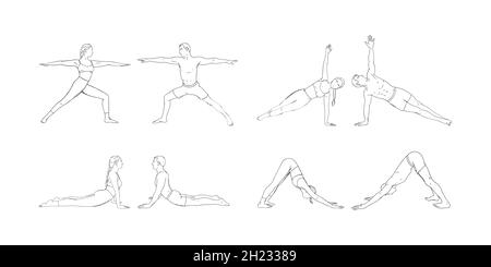 Couple Yogi en guerrier, chien, cobra et planche latérale.Femme et homme pratiquant le yoga de résistance pose.Illustration vectorielle dessinée à la main isolée sur blanc Illustration de Vecteur