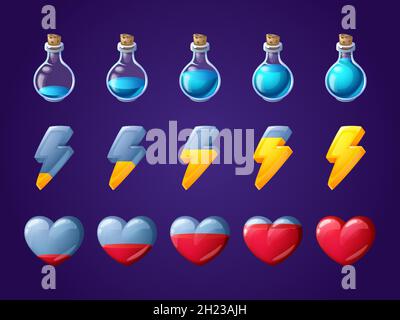 Icônes de jeu de coeur, éclair et bouteille de potion avec progression de remplissage.Ensemble de dessins animés vectoriels d'éléments de conception d'interface utilisateur, d'icônes d'état de santé, d'énergie et de ressources dans un jeu informatique ou mobile Illustration de Vecteur