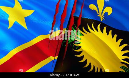 Drapeaux de la République démocratique du Congo et de la Guadeloupe avec concept de cicatrice.Drapeau d'ondulation, rendu 3D.Guadeloupe et RD Congo concept de conflit.Dr Congo Guadeloupe relations con Banque D'Images