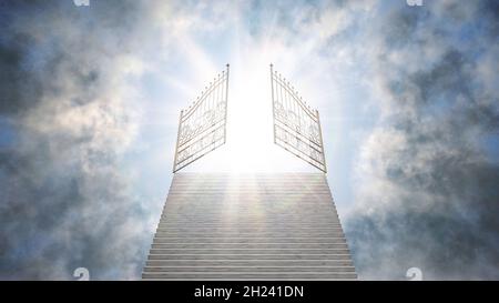 Escalier menant à travers les nuages pour ouvrir la porte dans le ciel.Concept de religion, de christianisme et de vie après la mort.Illustration de rendu 3D. Banque D'Images