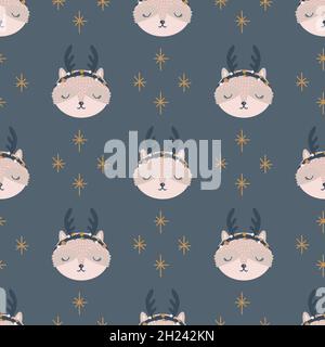 Motif de Noël avec animaux scandinave dessiné à la main sans couture. Nouvel an, Noël, Noël texture pour l'impression, le papier, le design, le tissu, le dos Illustration de Vecteur