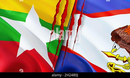 Myanmar et Samoa américaines drapeaux avec le concept de cicatrice.Drapeau d'ondulation, rendu 3D.Samoa américaines et Myanmar concept de conflit.Myanmar Samoa américaines REla Banque D'Images