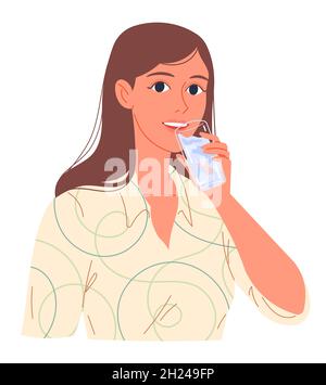 Portrait d'une jeune femme buvant de l'eau à partir d'un verre. Illustration de Vecteur