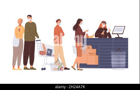 File d'attente d'acheteurs dans les masques faciaux à la caisse. Illustration de Vecteur
